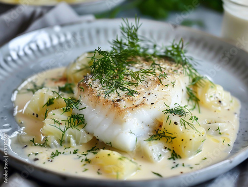 Traditional Danish dish Kogt Torsk based on boiled cod,