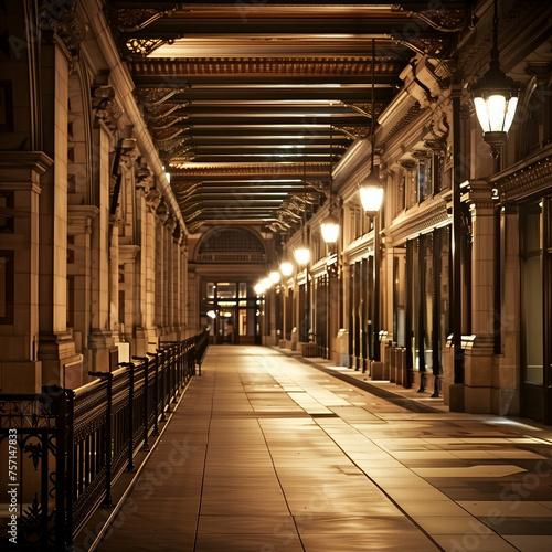 The architecture of an empty, historic train station platform with intricate ironwork and vintage details under the soft glow of period lighting.