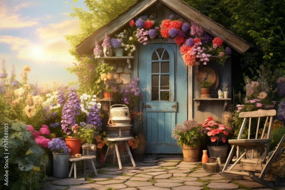 Charming cottage garden shed with vintage gardening tools