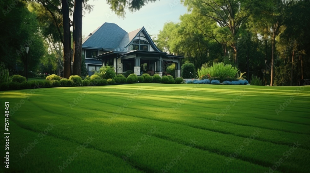 Luxury house with expansive lawn and lush landscaping.