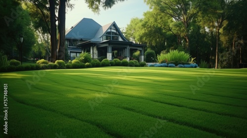 Luxury house with expansive lawn and lush landscaping.