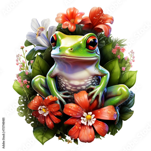 a big frog is sitting on the leaf on her back with flowers over her head   reated with Generative Ai