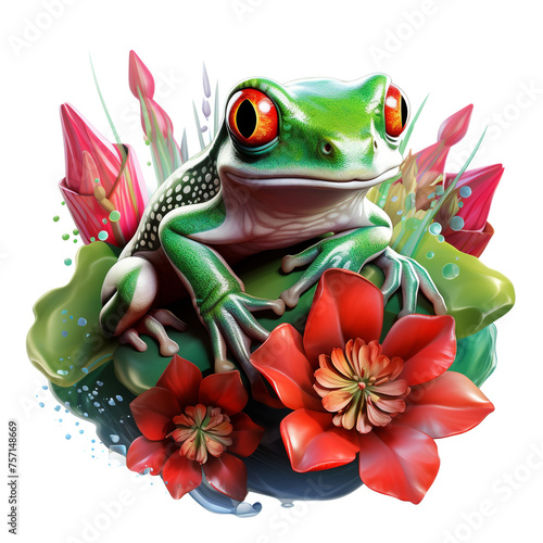 a big frog is sitting on the leaf on her back with flowers over her head   reated with Generative Ai