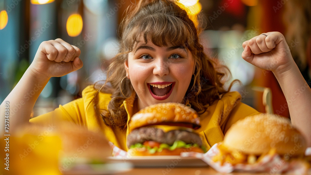 A joyful young chubby woman, happily expressing her happiness while enjoying a hamburger. A joyful young chubby woman, happily expressing her happiness while enjoying a hamburger.