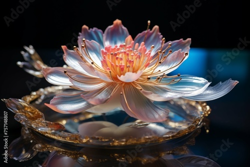 Intricate sugar sculpture of a blooming flower on a reflective plate. photo