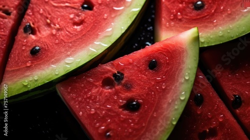 Fresh watermelon slices with water droplets close-up.