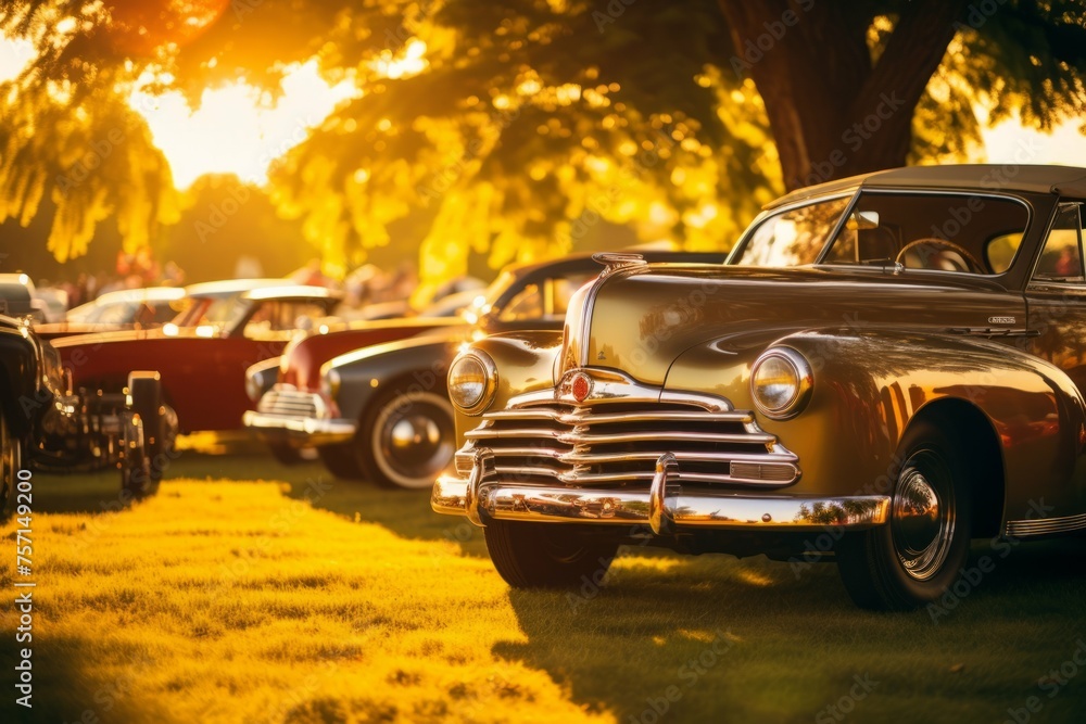 Vintage car show in a scenic countryside with enthusiasts and visitors admiring classic cars.