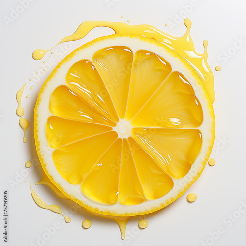 Isolated slice of lemon fruit with drips of yellow paint on white background.