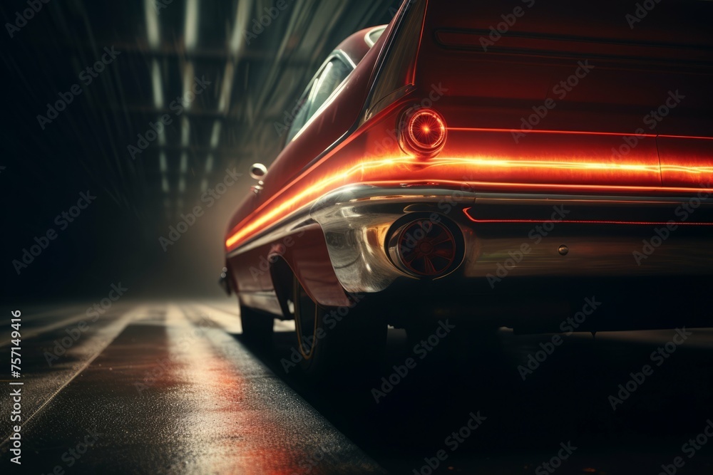 Close-up of a vintage car's tail lights glowing in a dark tunnel with streaks of light