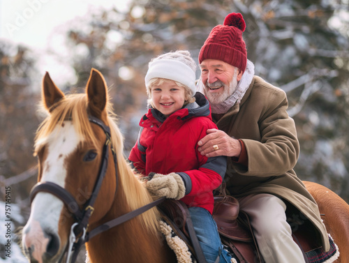 A child and grandfather are riding a horse together on a sunny day in the winter. wearing winter clothing. scene is warm and joyful