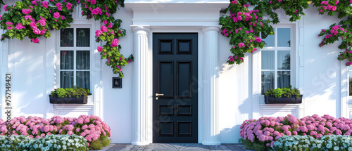 Floral mockup with doorway. Front door, entrance, decorated peonies flowers. Home exterior, patio, backyard in a modern villa, penthouse. Facade of a modern house Generative ai © Inai