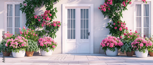 Floral mockup with doorway. Front door  entrance  decorated peonies flowers. Home exterior  patio  backyard in a modern villa  penthouse. Facade of a modern house Generative ai