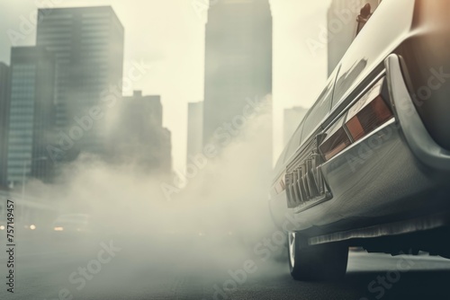 Close-up of a vintage car's exhaust pipes emitting smoke against a foggy city skyline