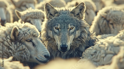 A Wolf In Sheep s Clothing - A wolf hiding among dozens of sheep 