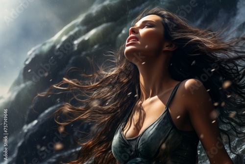 Beautiful siren with flowing hair singing on rocky shore.
