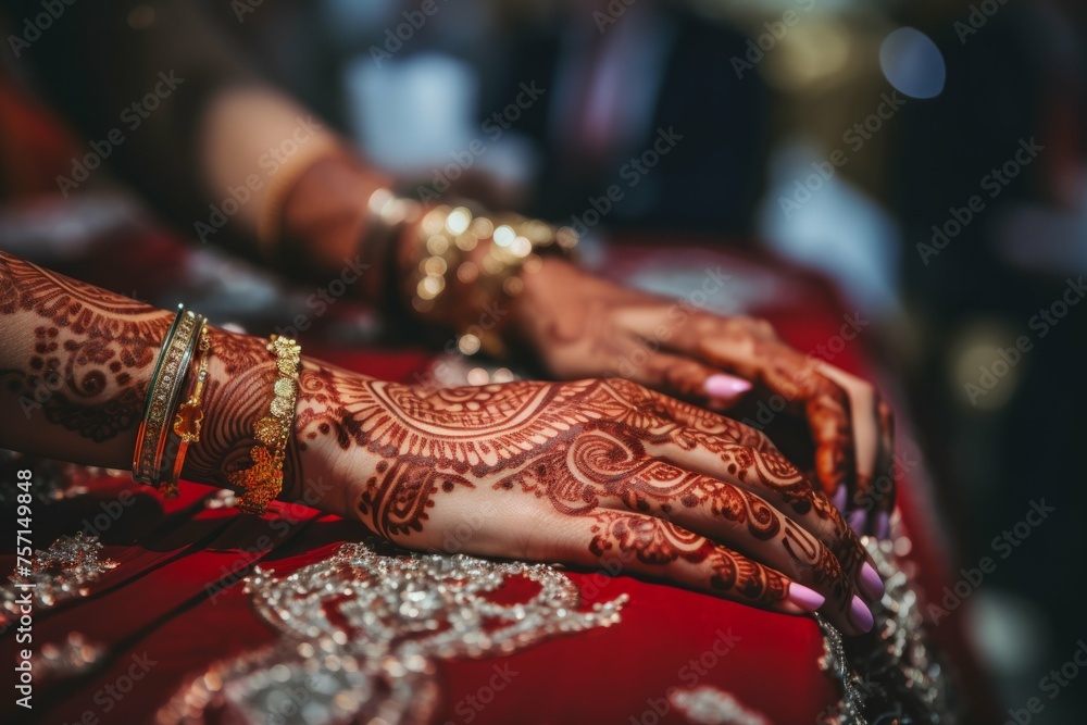 Fototapeta premium Close-up of hands applying intricate henna designs on a bride's hands