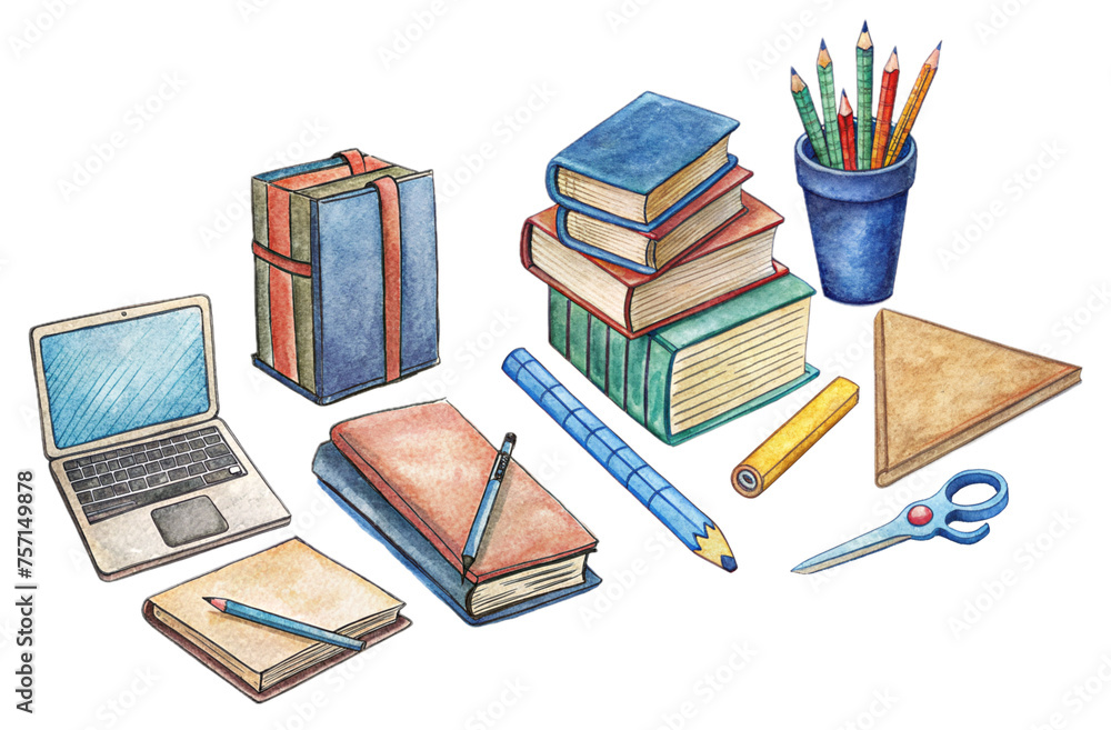 Stationery Supplies set for school and office, pencils, pens, paper, art tools, notebooks on transparent background Stationery Supplies set for school and office, pencils, pens, paper, art tools, notebooks on transparent background