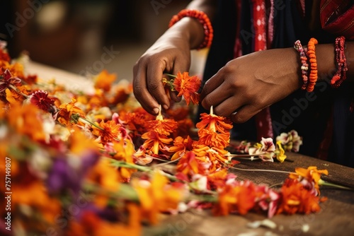 Close-up of hands stringing vibrant flower garlands for a traditional ceremony