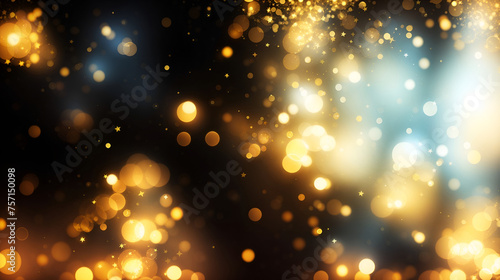 Gold color glowing shiny bokeh lights and glitters with dark black background. Blurred gold color bokeh background.