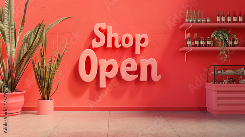 The text "Shop Open" takes center stage with a combination of bold and creative fonts, set against a warm coral background, creating a visually appealing and welcoming atmosphere.