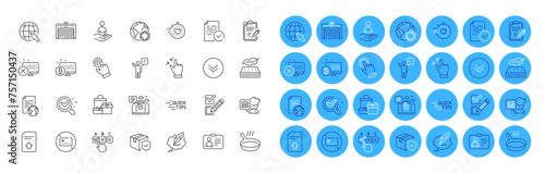 Checkbox, Compliance and Id card line icons pack. Lightweight mattress, Shopping, Chemistry lab web icon. Parcel insurance, Vaccine report, Parking garage pictogram. Reject access, Timer. Vector