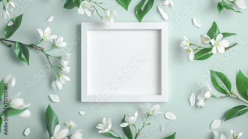 Composition featuring a blank white flat line frame centered on a plain background, elegantly adorned with fresh white jasmine flowers scattered around it.
