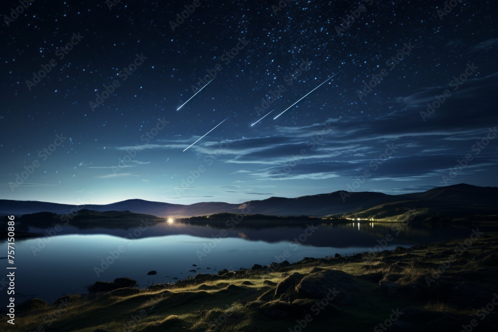 Breathtaking meteor shower lighting up the night sky with dazzling trails of light, reflected in a serene lake. - obrazy, fototapety, plakaty 