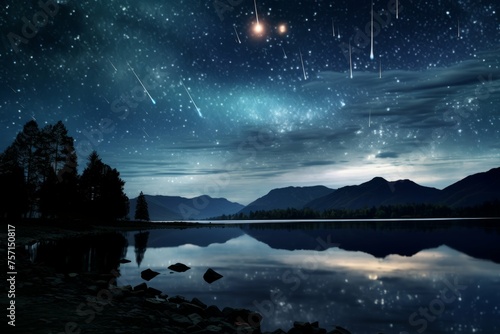 Meteor shower over a serene lake, with shooting stars reflecting in the calm waters, surrounded by a peaceful landscape.