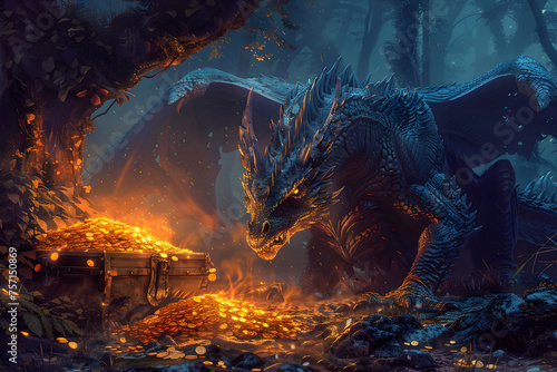 an illustration of splendid dragon, radiating with majesty, perches on the edge of a timeworn chest brimming with glittering golden coins Surrounded by the mystical beauty of an enchanted forest