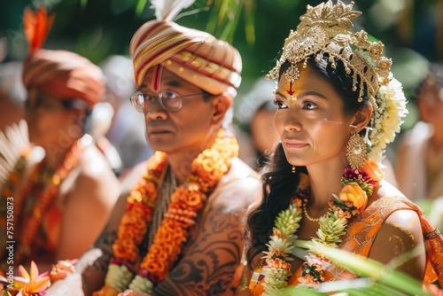 A cultural outdoor wedding ceremony in a botanical garden, with traditional attire