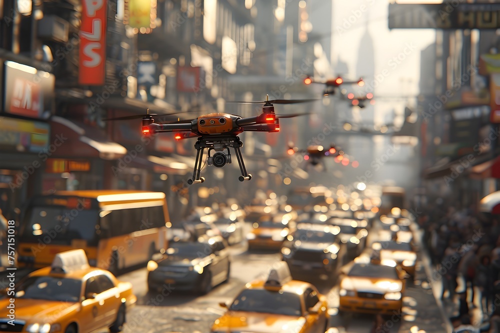 Obraz premium 3d rendered of stunning photograph capturing a dynamic moment in urban life, this image showcases drone soaring above the busy streets of modern city, transportation and delivery service concept