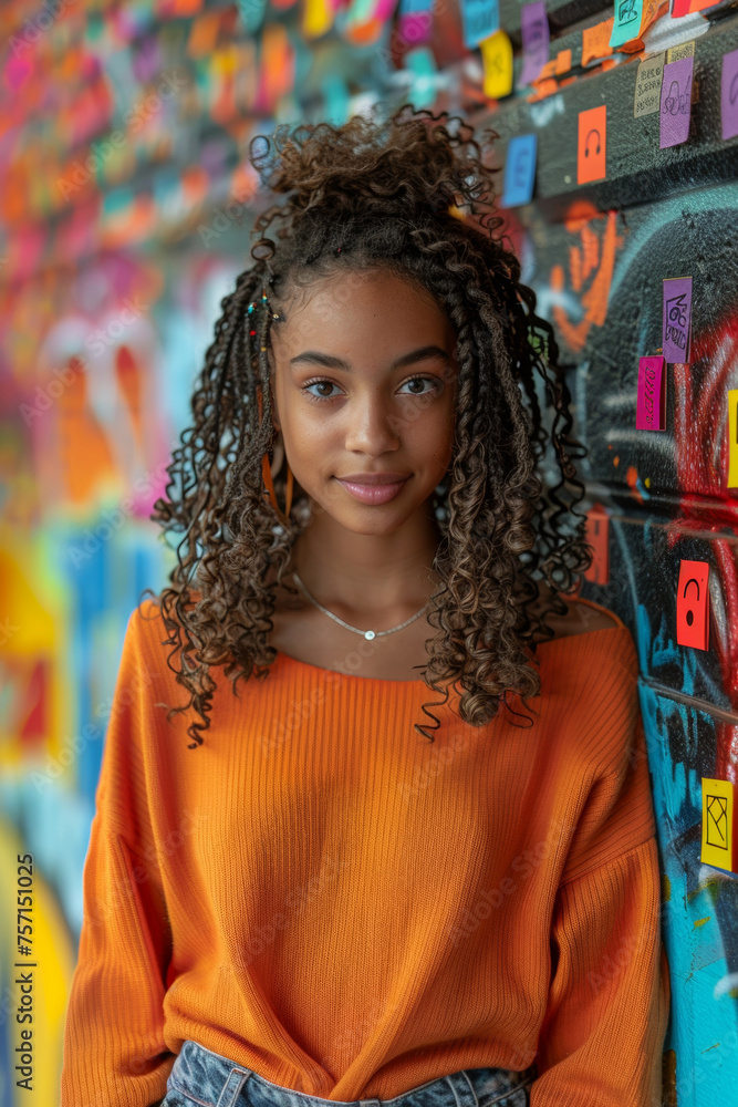 A stylish teenage girl poses confidently against a graffiti wall, radiating alluring beauty and happiness.