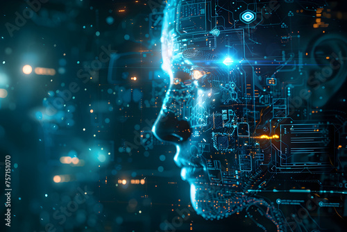 Artificial Intelligence. digital artwork showcases an AI robot head with intricate facial features, surrounded by a dark blue, futuristic background Glowing data streams and circuit board elements