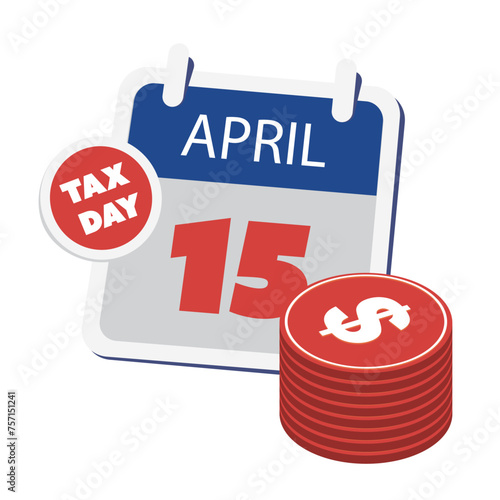 Tax Day Reminder Concept, Calendar Page, Dollar Sign, Vector Design  Element Template Isolated on White Background - USA Tax Deadline, Due Date for IRS Federal Income Tax Returns:15th April, Year 2024