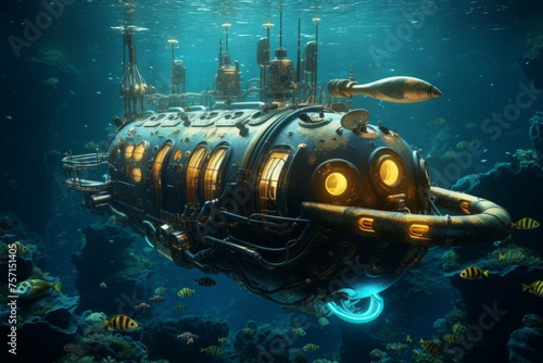 Steampunk submarine exploring the depths of the ocean with brass portholes and propellers. © Michael Böhm