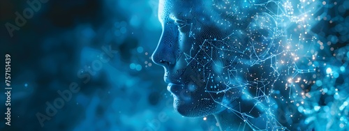 Artificial Intelligence. image showcases an abstract digital human head profile with a futuristic concept of artificial intelligence. A neural network is depicted through glowing blue connections photo