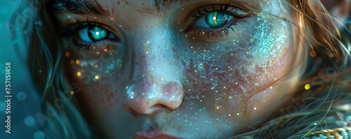 Close-up of woman's face with sparkling glitter makeup, creating a mystical and ethereal appearance