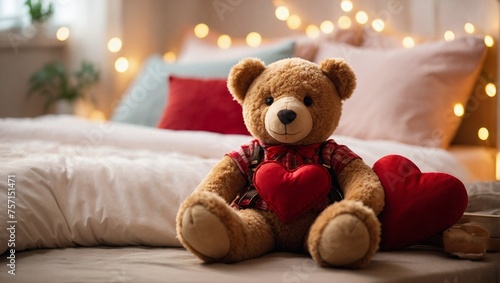 Teddy bear with a red Valentine's Day heart. Valentine's Day, On a neatly made bed with plush pillows and a warm duvet. 