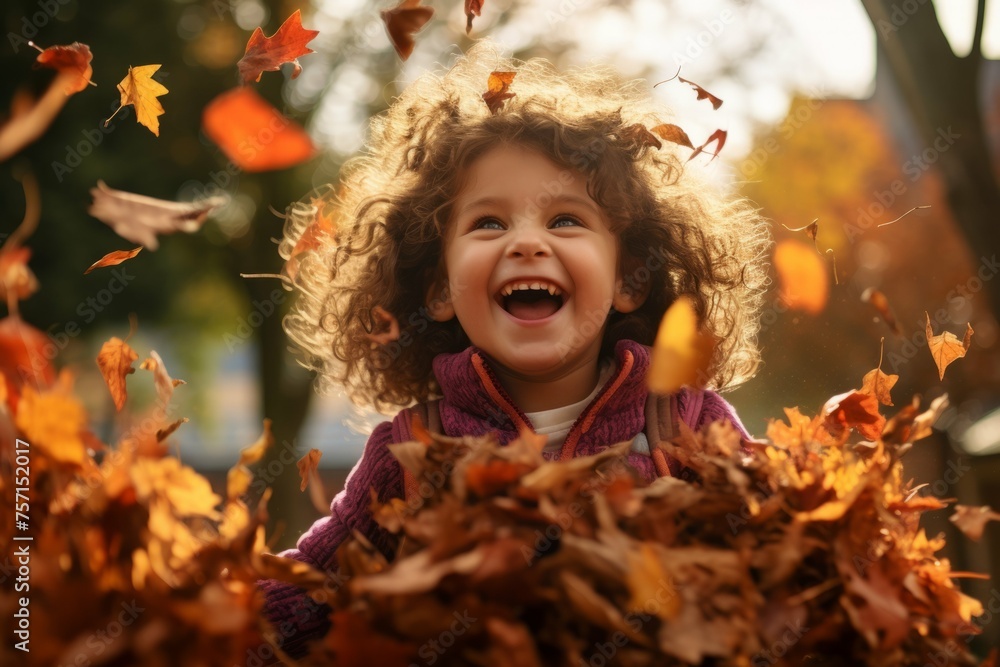 Child playing in a pile of colorful autumn leaves Child playing in a pile of colorful autumn leaves