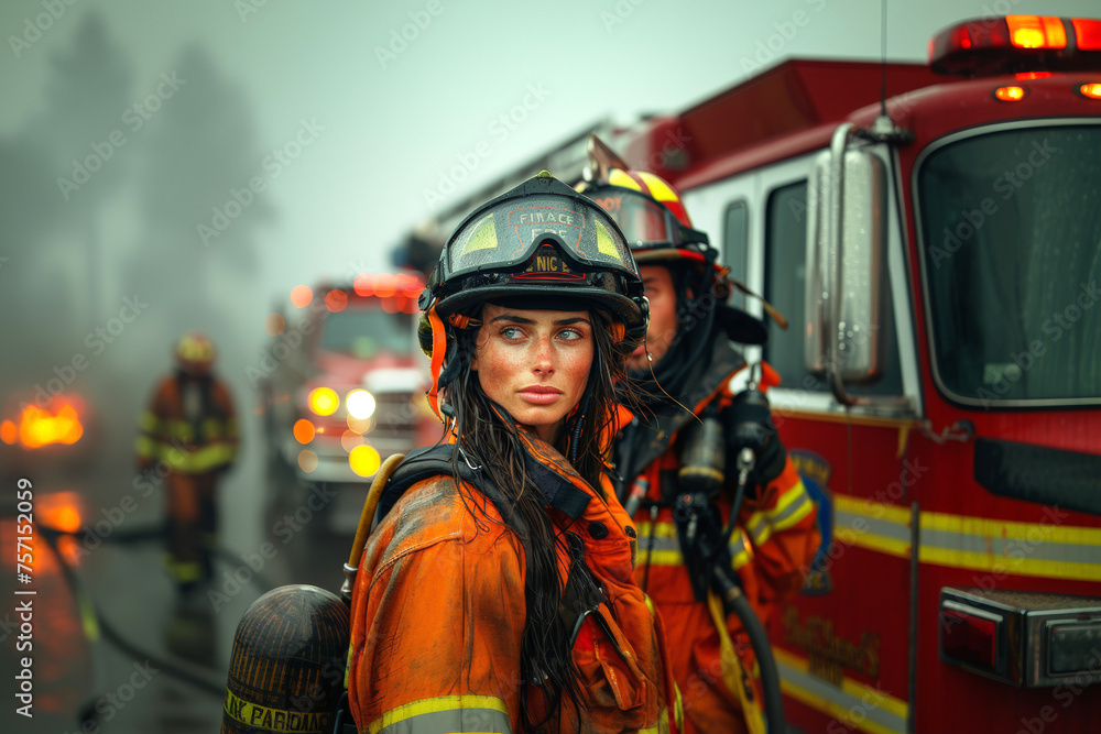Female firefighter exhausted after hard work against fire Female firefighter exhausted after hard work against fire