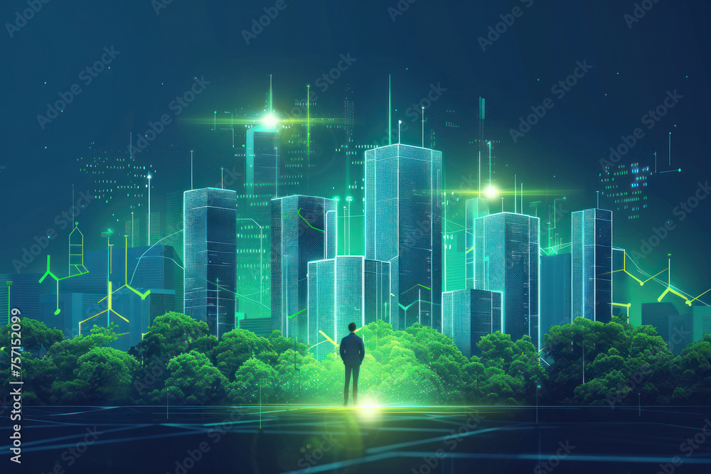 business man stand on lush island amidst a city skyline of sleek skyscrapers and modern wind turbines on night background, digital technology agriculture, smart city, renewable energy concept