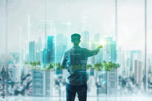 Green City. 3D rendered digital artwork featuring an business man interacting with a hologram of a green city skyline, digital technology agriculture, smart farming concept