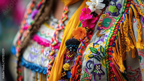 Traditional embroidered clothes at a cultural event. Close-up of intricate patterns.