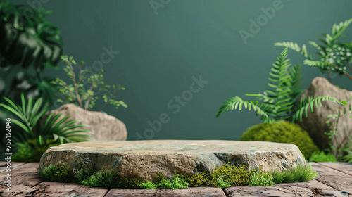 3d round podium with plants. Stone platform for cosmetic presentation. Mockup stage for product. Green natural Background for product. photo