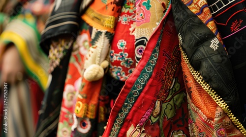 Traditional embroidered clothes at a cultural event. Close-up of intricate patterns.