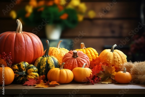 Group of pumpkins on wooden table