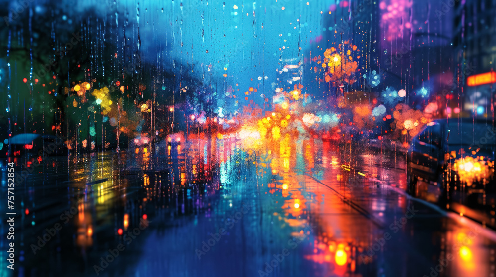 A rain shower transforms a city street into a canvas of reflected neon lights, each droplet a miniature prism, adding a surreal, magical dimension to the urban scenery