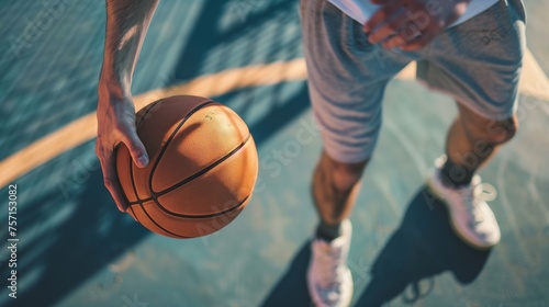 Action shot of man playing basketball outdoors, copy space, close up