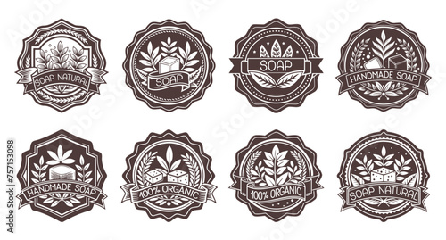 Hand drawn labels for handmade soap bars. Handmade soap stamp. A set of templates for all types of soap products. Vector