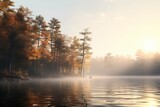 Misty autumn morning on lake